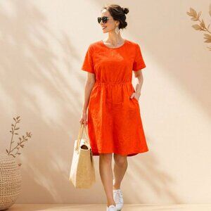 Goodthreads Women's Relaxed Fit Linen Blend Short-Sleeve Fit&Flare Dress, Red XL